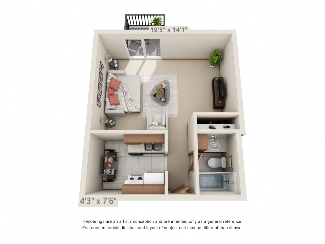 Floor plan for studio, 1 bath, 440 sqft